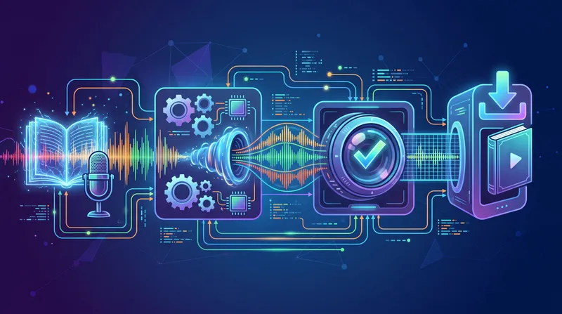 Illustration of the Audiobook Factory workflow: a book and microphone, audio processing, quality checks, and an audiobook download