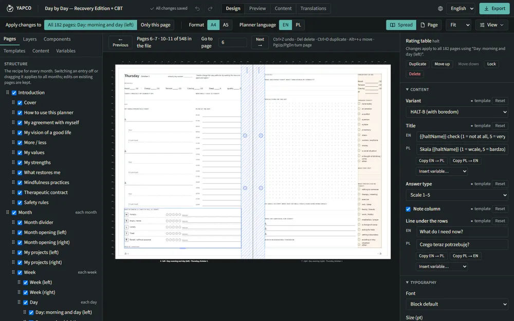 Yapco designer with page navigation, a central planner canvas, and element properties